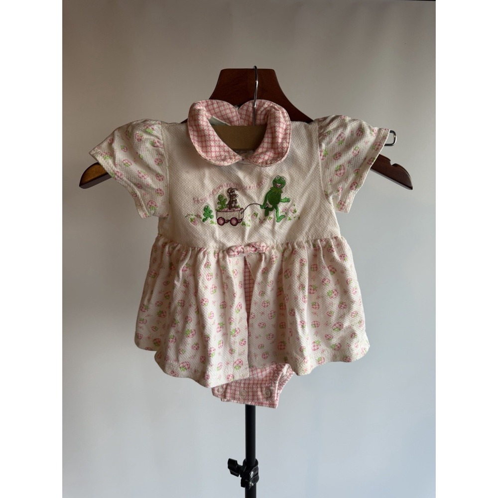 VINTAGE KERMIT The FROG Infant Embroidered Pink Romper 6-9 Months Kids VTG